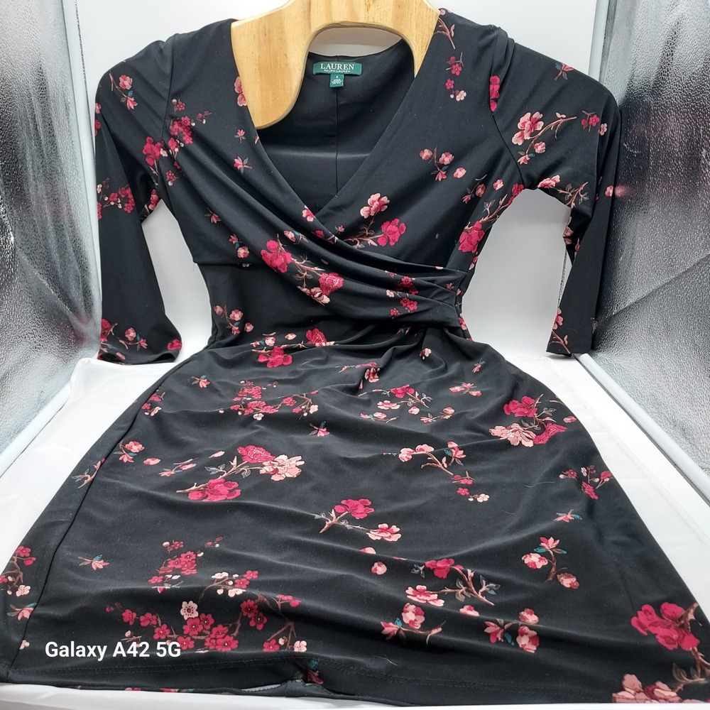 Lauren Ralph Lauren Black Pink Floral Faux Wrap Dress 3/4 Sleeve Size 6
